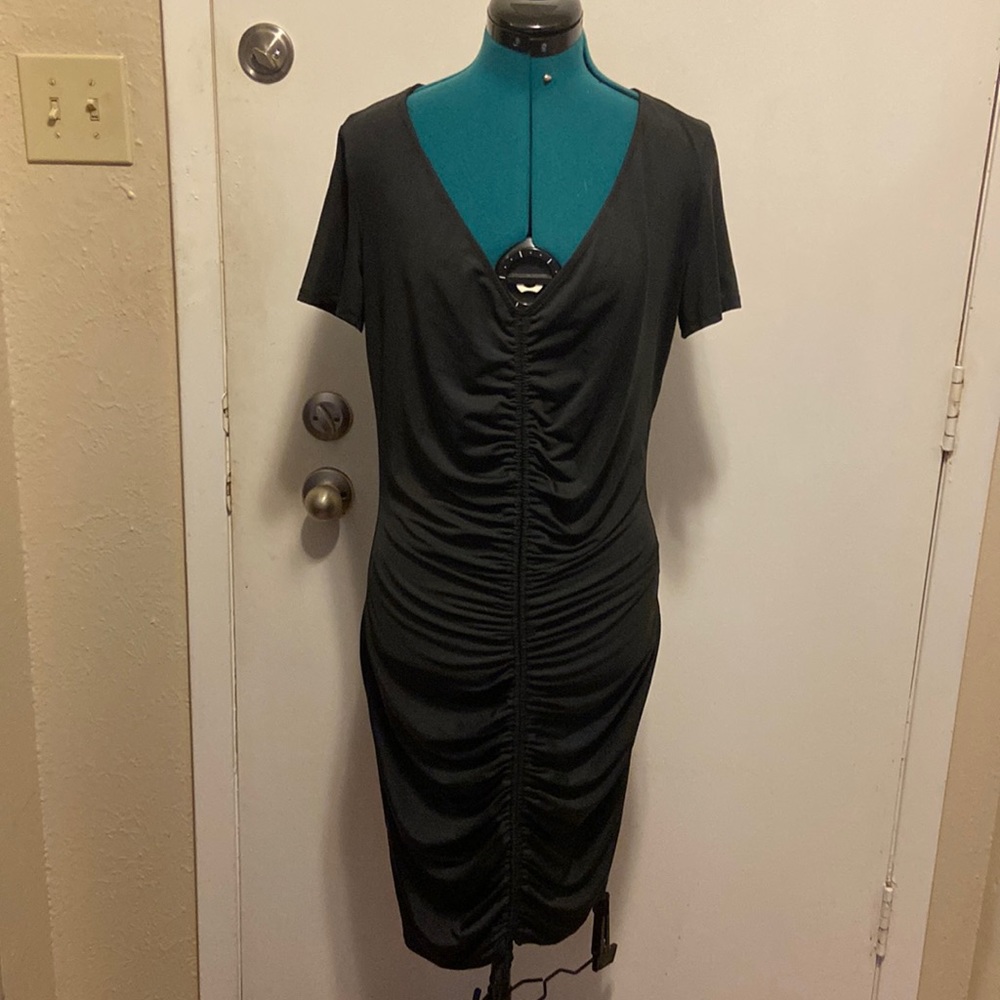 Silky Knit Dress w/pull string in front Black tight fit short sleeves v neck